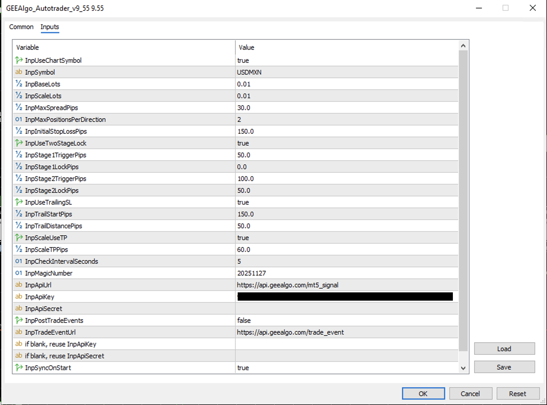 MT5 EA inputs screenshot showing InpApiKey and other settings