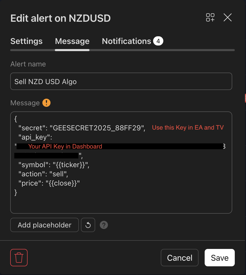 TradingView alert setup screenshot (webhook URL + message JSON)