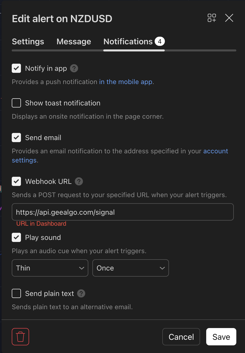 TradingView alert message JSON screenshot